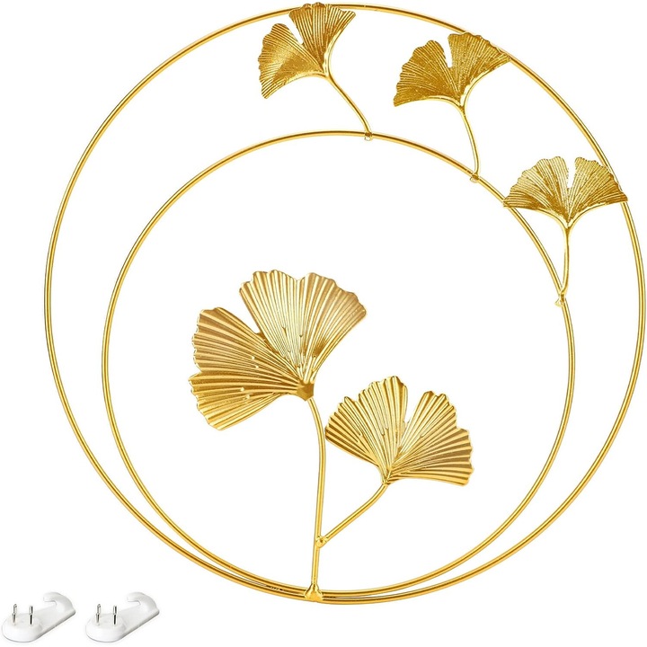3D fali dekoráció levelekkel, Ginkgo, Vas, Arany