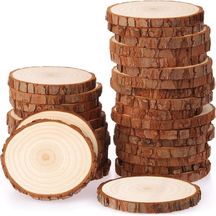 Set 30 bucati felii de lemn natural, 6-7cm, pentru decoratiuni, proiecte DIY, rustic, Bizaical