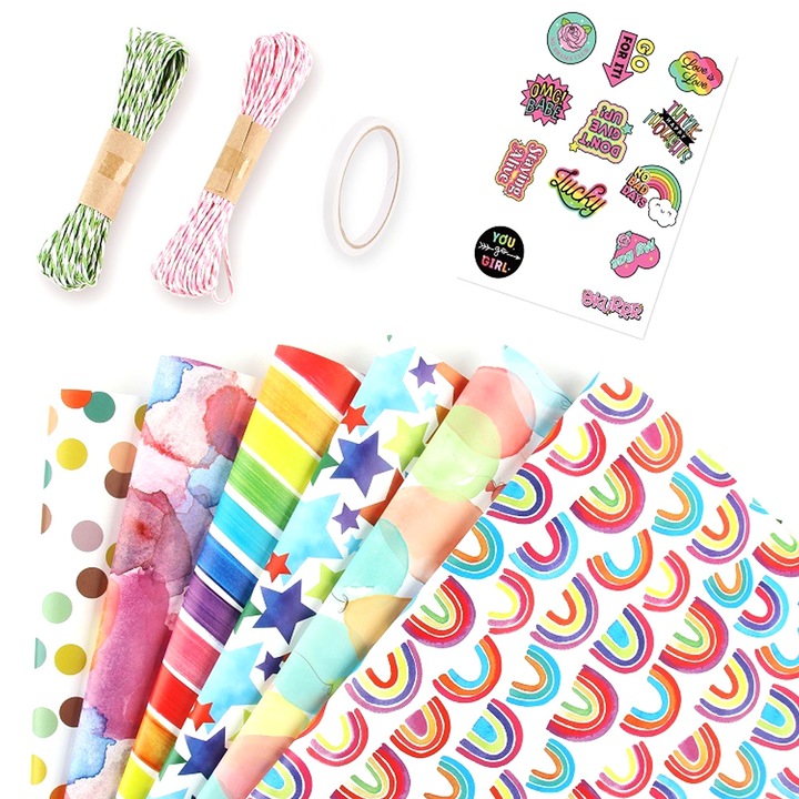 Комплект за опаковане на подаръци в различни цветове, 6 листа опаковъчна хартия 50x70 см, връв, стикер, тиксо