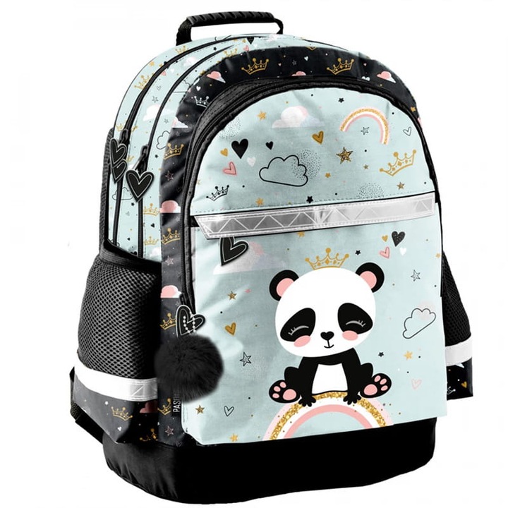 Rucsac, Paso, Panda, Spate Intarit Si Conturat, Curelele De Umar Cu Elemente Reflectorizante, Doua Compartimente Si Doua Buzunare Laterale Cu Plasa, 41 x 28 x 18 cm, Negru/Verde