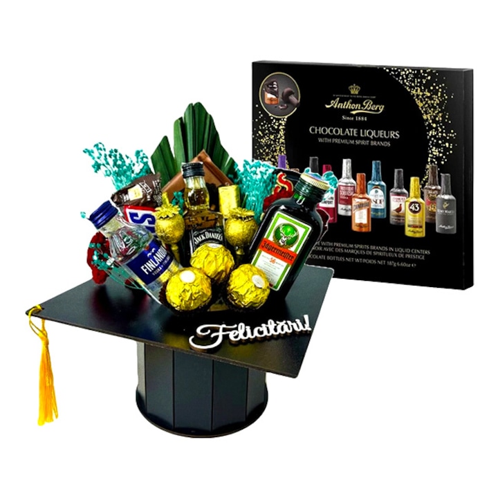 Cadou pentru barbati, Praline Anthon Berg 187gr si cutie neagra in forma de toca cu dulciuri, selectie de mini bauturi, brum si frunza de palmier