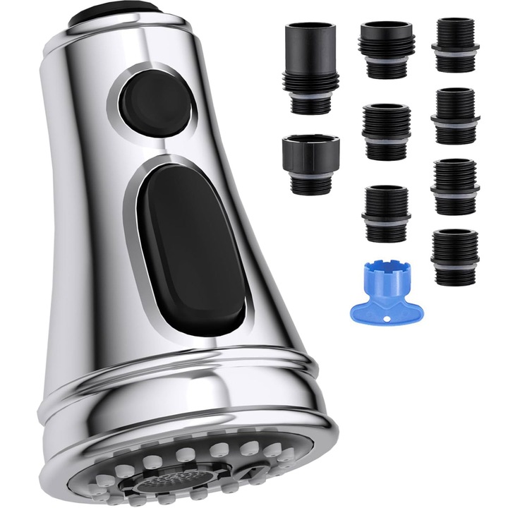 Aerator robinet pivotant, RASK, 3 moduri de pulverizare, 9 tipuri de conectori, Argintiu