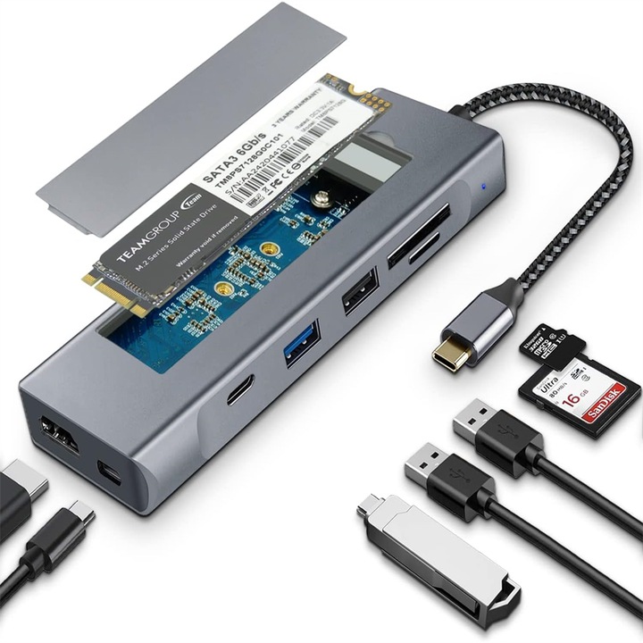 Хъб адаптер Multiport 8 в 1 USB-C 3.1 MOSMAOO® към HDMI 4K / порт тип C / USB 3.0 / TF и SD четец на карти, докинг станция за лаптоп, MacBook Air/Pro, Chromebook, таблет, сив
