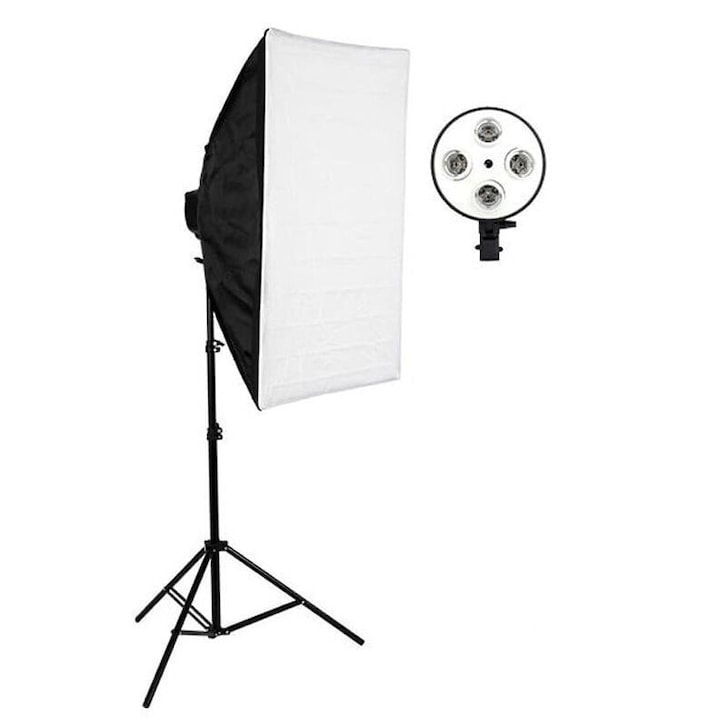 Softbox cu soclu de 4 becuri, trepied reglabil 200 cm, fara becuri, Dactylion®