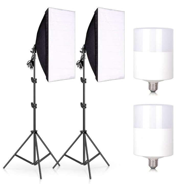 Stúdiós lámpakészlet 2 softbox-al, 2 db 25W-os LED izzóval, 80 - 200 cm-es állítható támasztékkal, Dactylion®