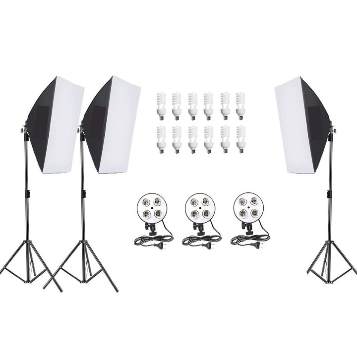 Kit de 3 softboxuri, soclu de 4 becuri, 3 trepiezi reglabili 200 cm, 12 becuri de 45W, Dactylion®