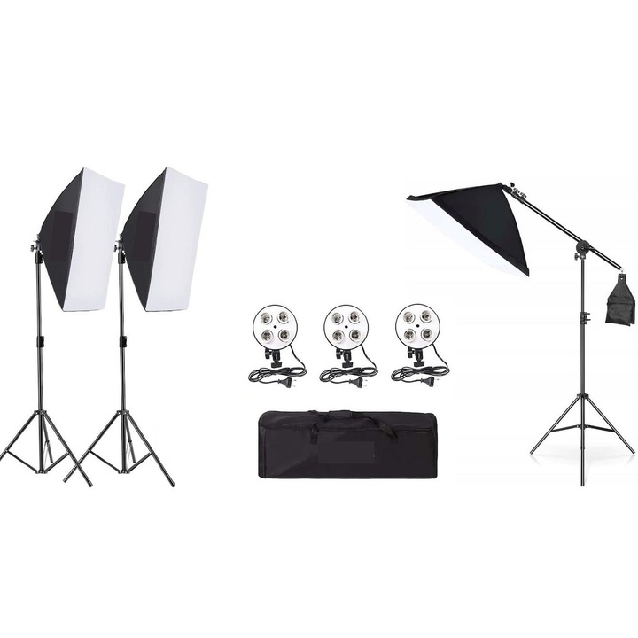 Kit de 3 softboxuri cu macara, soclu de 4 becuri, 3 trepiezi reglabili 200 cm, fara becuri, geanta de transport inclusa, Dactylion®