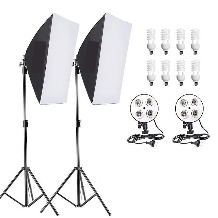Kit de 2 softboxuri, soclu de 4 becuri, 2 trepiezi reglabili 200 cm, 8 becuri de 45W, Dactylion®