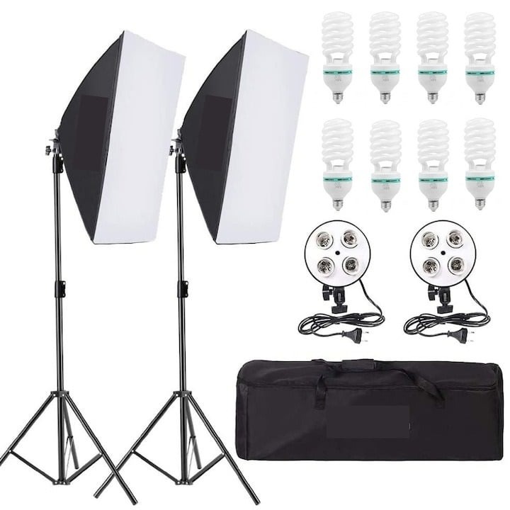 Kit de 2 softboxuri, soclu de 4 becuri, 2 trepiezi reglabili 200 cm, 8 becuri de 150W, geanta de transport inclusa, Dactylion®