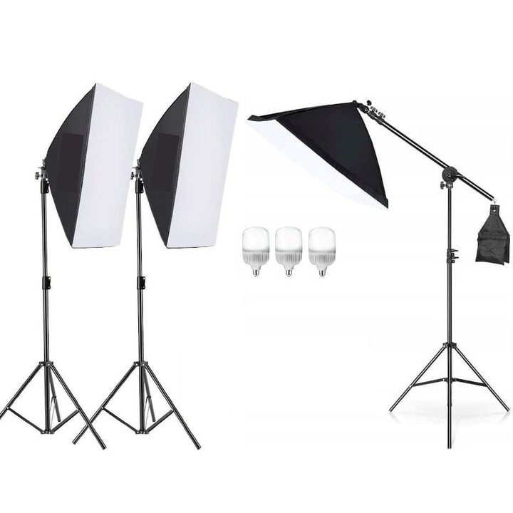 Kit de 3 softboxuri cu macara ajustabila, 3 trepiezi reglabili 200 cm, 3 becuri LED 25W, Dactylion®