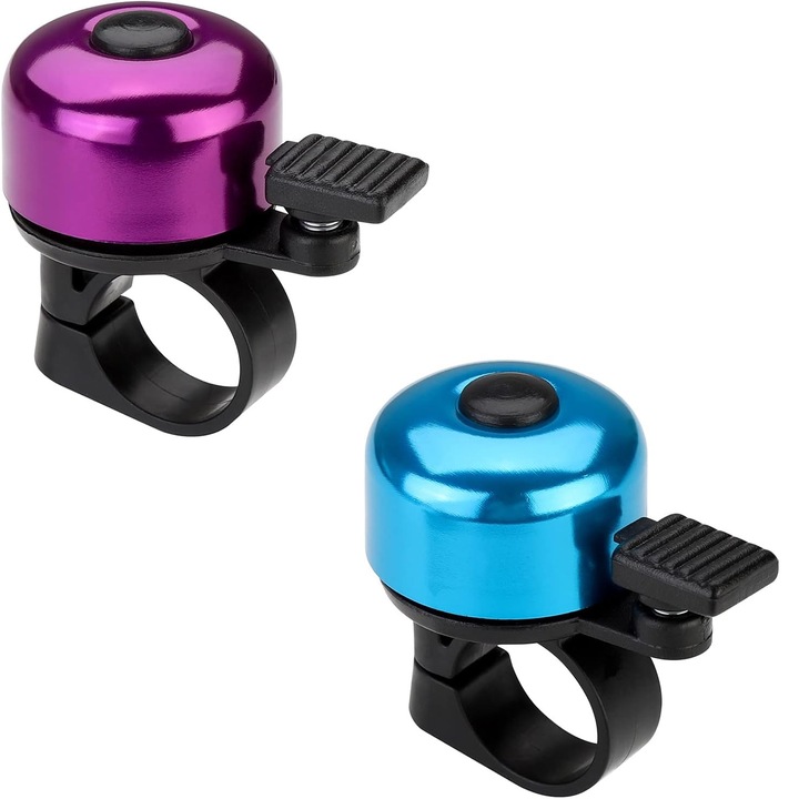 Комплект от 2 звънца на кормилото на велосипед, Zggzerg, водоустойчив, силен и ясен, малък и преносим, лесен за инсталиране, подходящ за стандартна 22 мм тръба на кормилото, може да се използва за декорация, алуминиева сплав, син/лилав