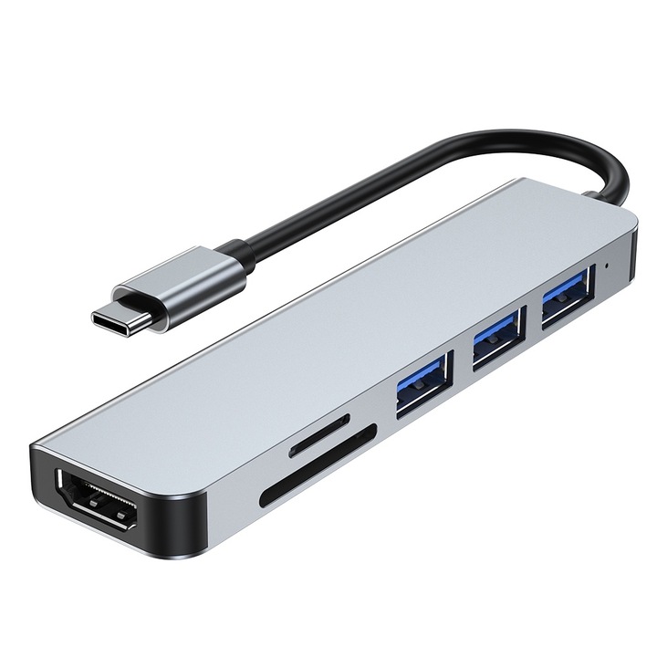 Хъб адаптер Type-C мултипорт 6 в 1, 1x HDMI, 1x MicroSD/TF, 1x SD, 1x USB 3.0, 2x USB 2.0, сив