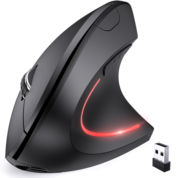 Mouse wireless vertical, Reincarcabil, Ergonomic, Receptor USB, 6 butoane, DPI 800/1200/1600, 2.4 GHZ, Mana dreapta, Negru