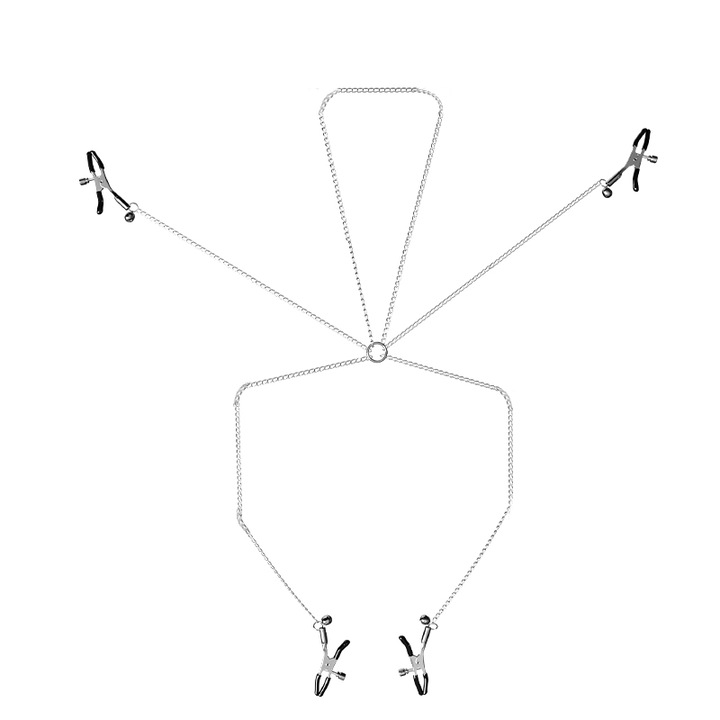 Kомплект за BDSM, Щипки за гърди и каишка, PVC/Сплав, Черен, 0,3 кг