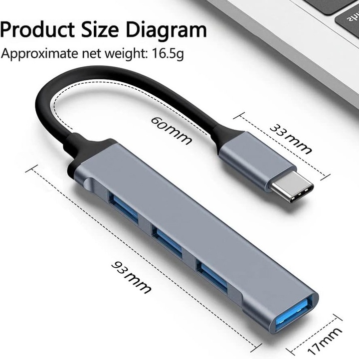 Хъб 4 в 1 USB Type-C Port Hub, 3x USB2.0, 1x USB3.0, сив, за лаптоп Mac, USB стик, друго устройство Type-C