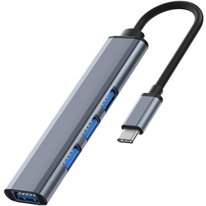 Хъб 4 в 1 USB Type-C Port Hub, 3x USB2.0, 1x USB3.0, сив, за лаптоп Mac, USB стик, друго устройство Type-C