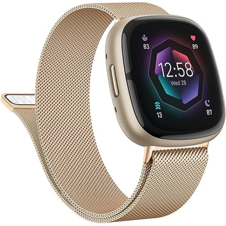 Bratara ajustabila din otel inoxidabil, inchidere magnetica, auriu sampanie, compatibila Fitbit Sense 2 / Sense Bands, Fitbit Versa 4 / Versa 3, roz/auriu