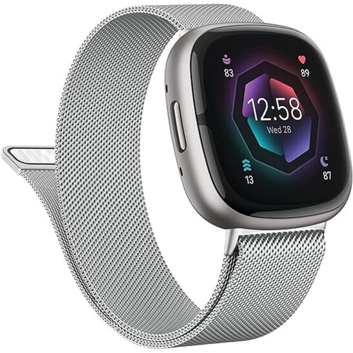 Bratara ajustabila din otel inoxidabil, inchidere magnetica, auriu sampanie, compatibila Fitbit Sense 2 / Sense Bands, Fitbit Versa 4 / Versa 3, argintiu