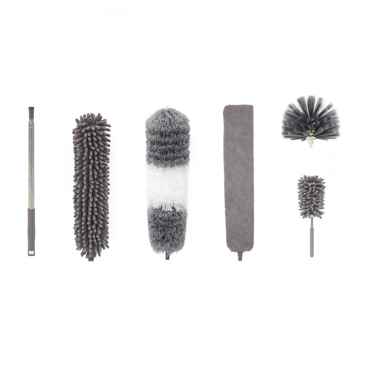 Mop si accesorii, un set de 6 piese, design retractabil, adsorbtie electrostatica, capul de orice indoire, nu pierde parul, material moale, lavabil, puternic si durabil