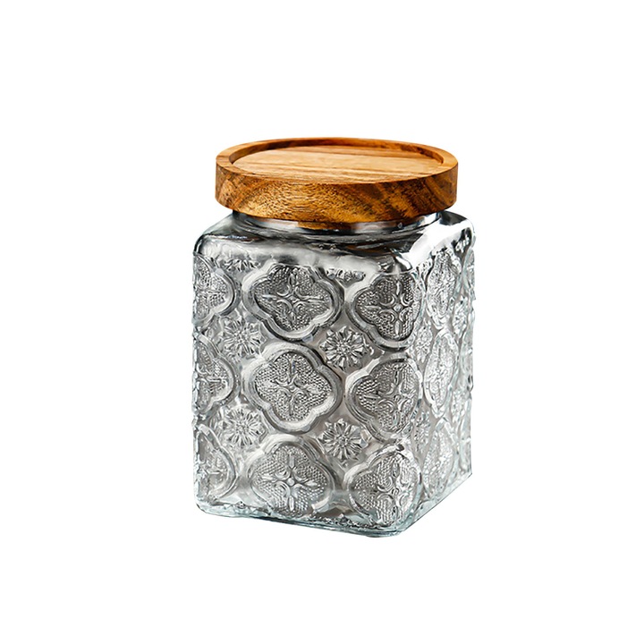 Borcan de sticla , cu capac din pluta, pentru zahar si faina, transparent