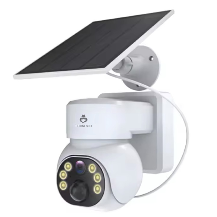 Камера за наблюдение със соларен панел, Spionescu, Q18, 4G, 2MP, детектор за движение, двупосочно аудио, 30 дни автономност, 360° ъгъл на заснемане, SD карта/облачно съхранение, IP65, бял