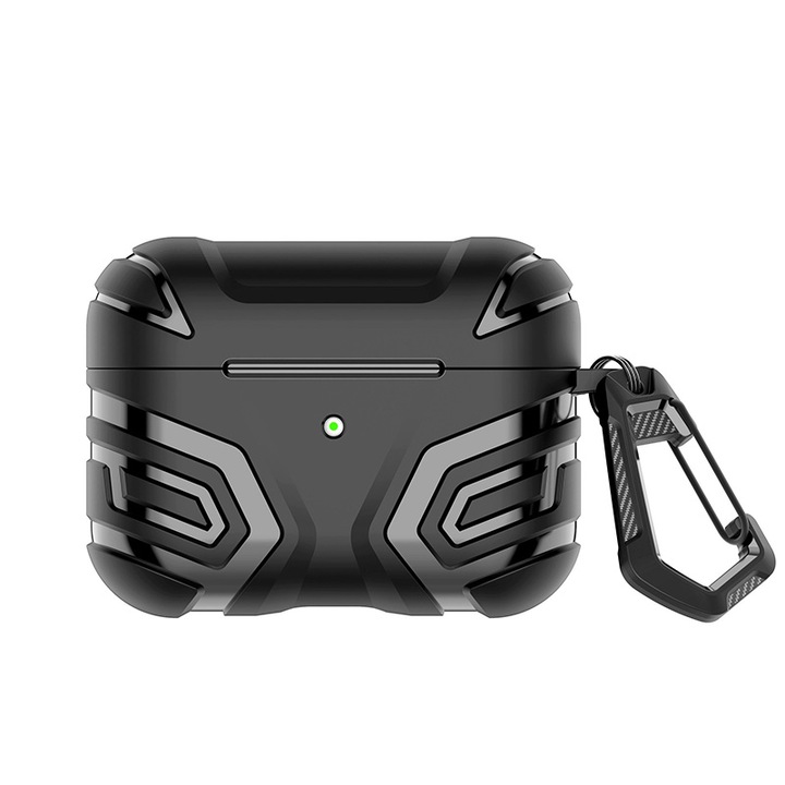 Husa de protectie rezistenta pentru AirPods Pro 2, carabinier inclus, incarcare convenabila, negru, 2.4x5x7.3cm