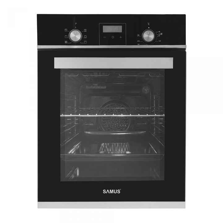 Фурна за вграждане Samus SCE459GTBV, 1900 W, 43 L, 6 функции, Ширина 45 см, Енергиен клас A, Грил, Таймер, Вентилация, Автоматично готвене, Заключване за деца, Черен/Неръждаема стомана