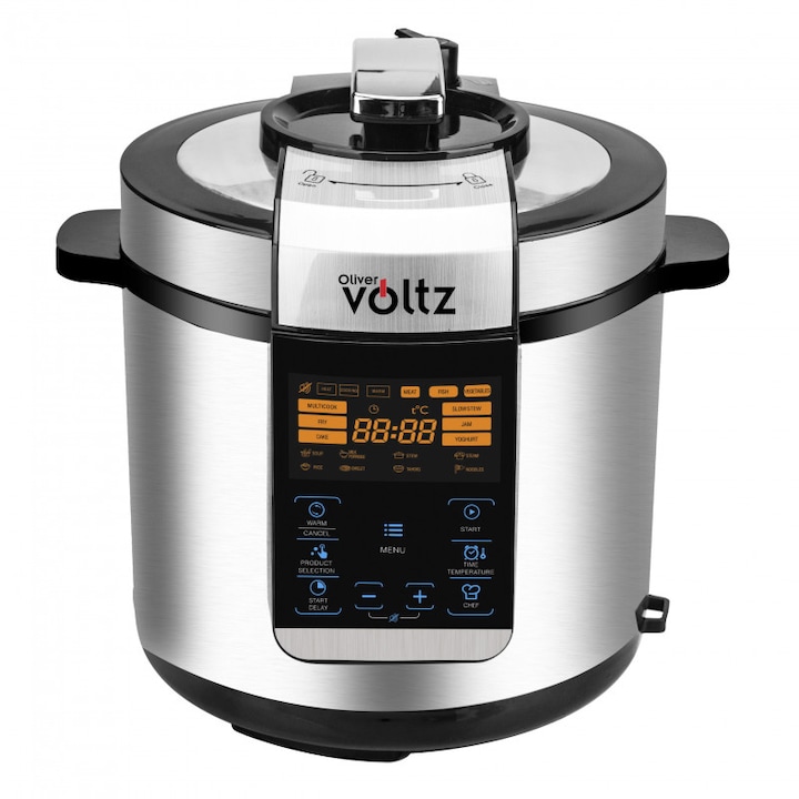Мултикукър под налягане Voltz ОV51985H6, Голям LED сензорен дисплей, 1000W, 6L, 70kPa, 24ч таймер, Инокс