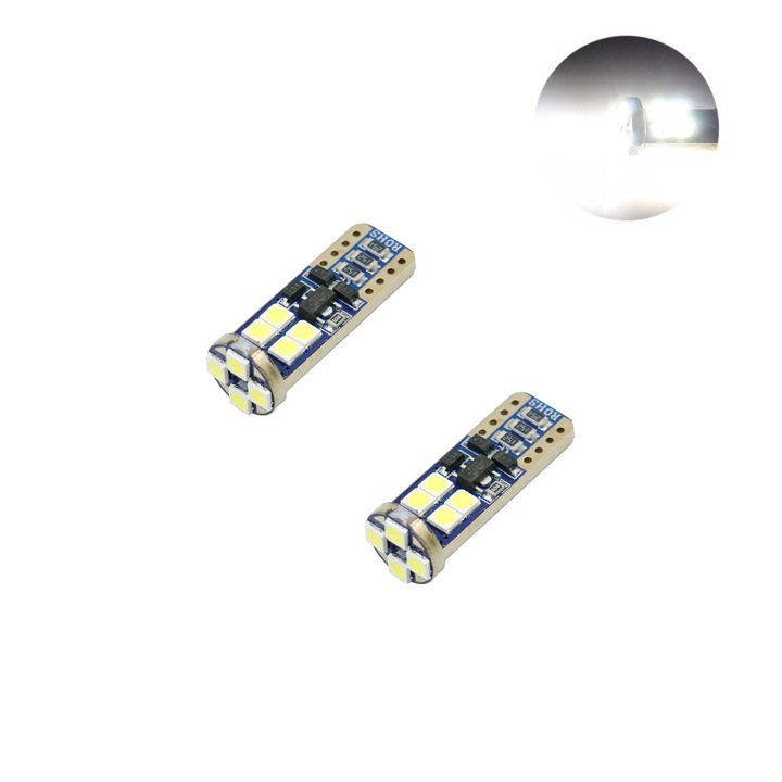 Set becuri T10 LED W5W 12V 12 SMD Canbus 6000K 2tmch 2.5x0.7x0.4cm