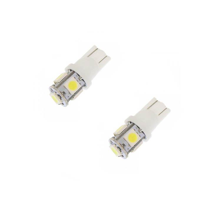 Set becuri T10 LED W5W 12V 5 SMD 6000K 2.7x1.1x0.8cm