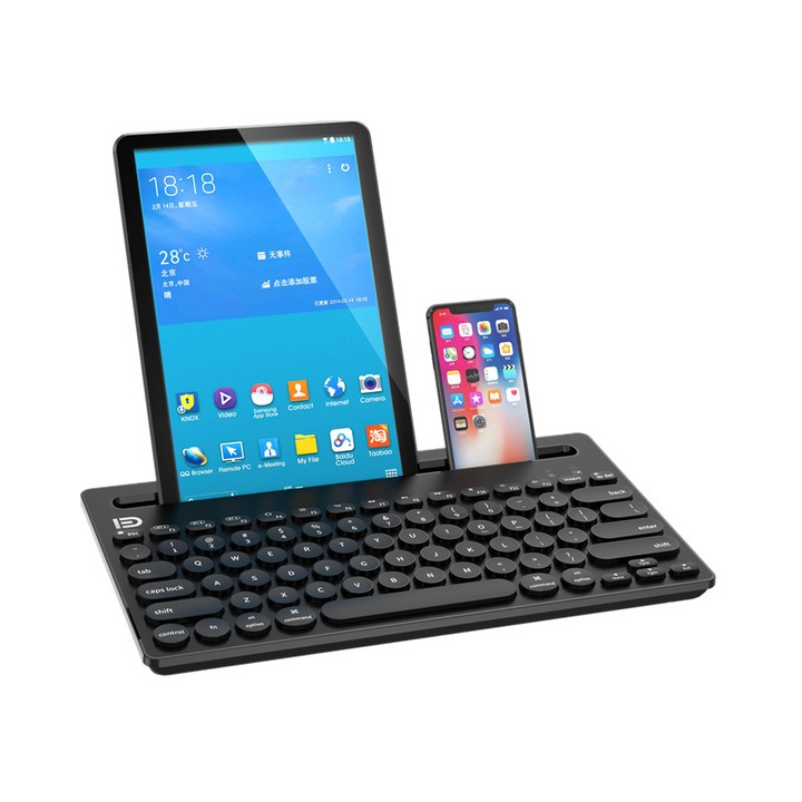 Клавиатура за таблет, JENUOS®, ултратънка, bluetooth, безжична, съвместима с таблети/смартфони, преносима, 3 устройства, свързани едновременно, черна