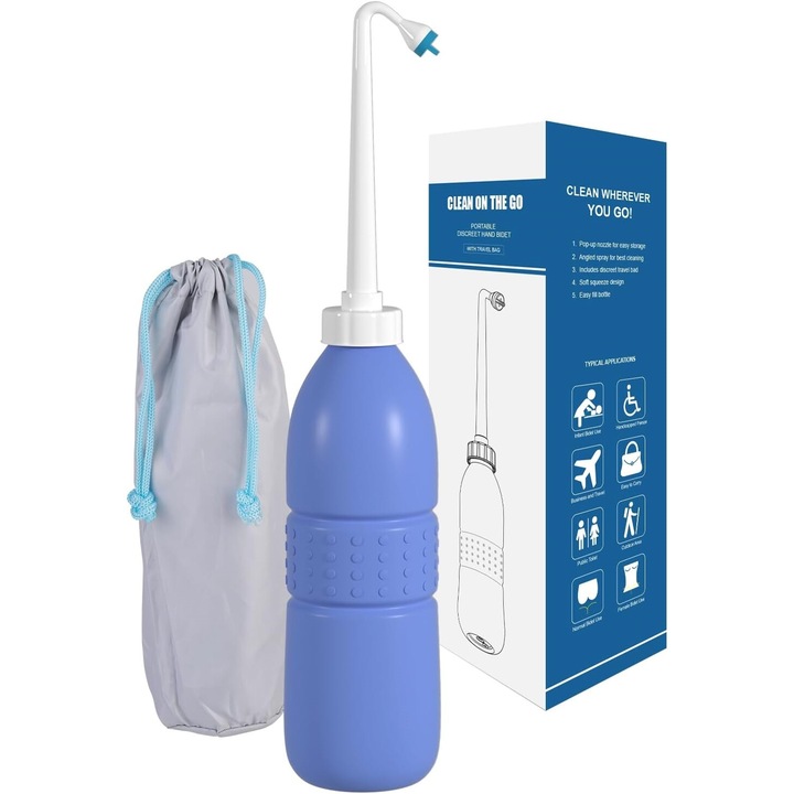 Неелектрическо биде, GOSTOCK, 620ml, За почистване на лична хигиена, Хигиена по време на менструация/бременност, Намаляване на дискомфорта, причинен от хемороиди, Син гланц