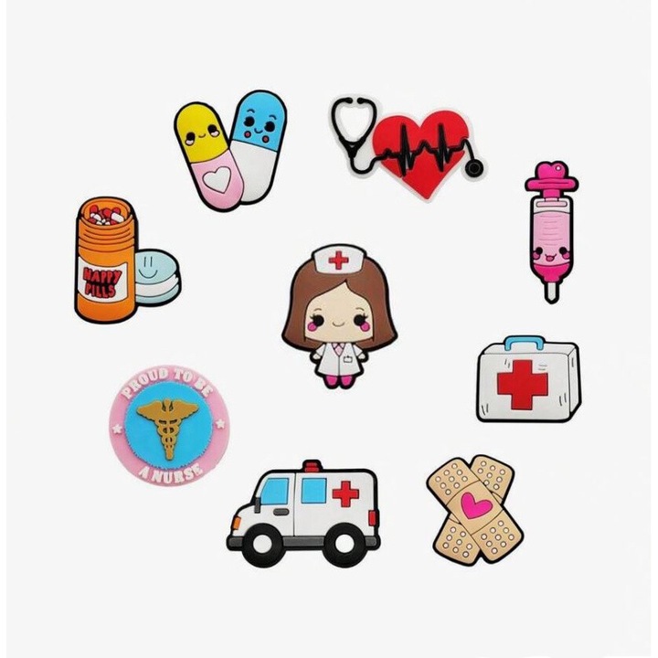 Комплект 9 аксесоара за сабо, Crocs, тип Jibbitz, доктор модел версия 1, многоцветни