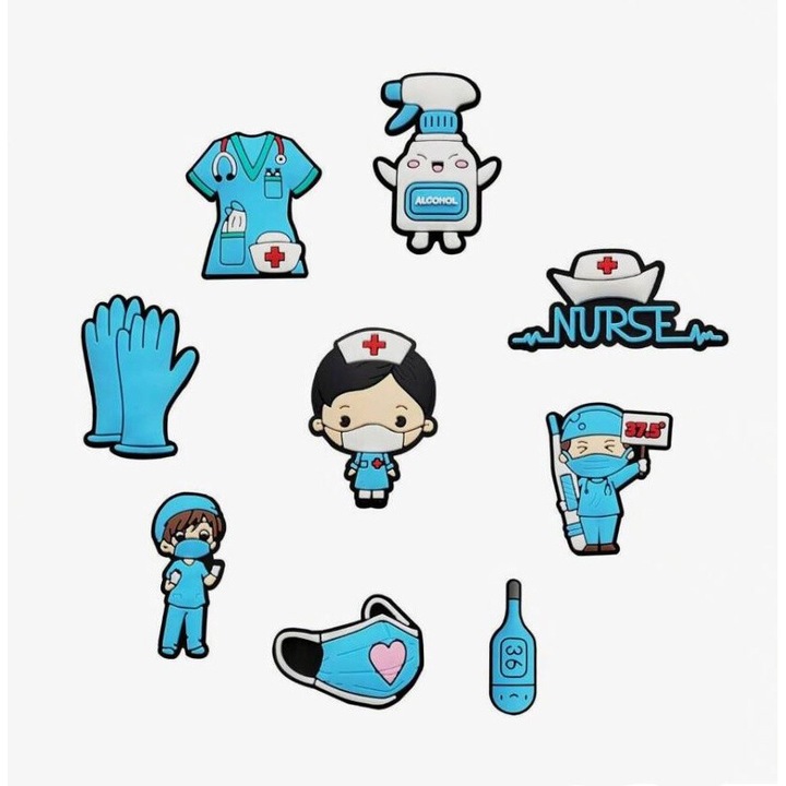 Set 9 accesorii saboti, Crocs, tip Jibbitz, model doctor varianta 3, multicolor