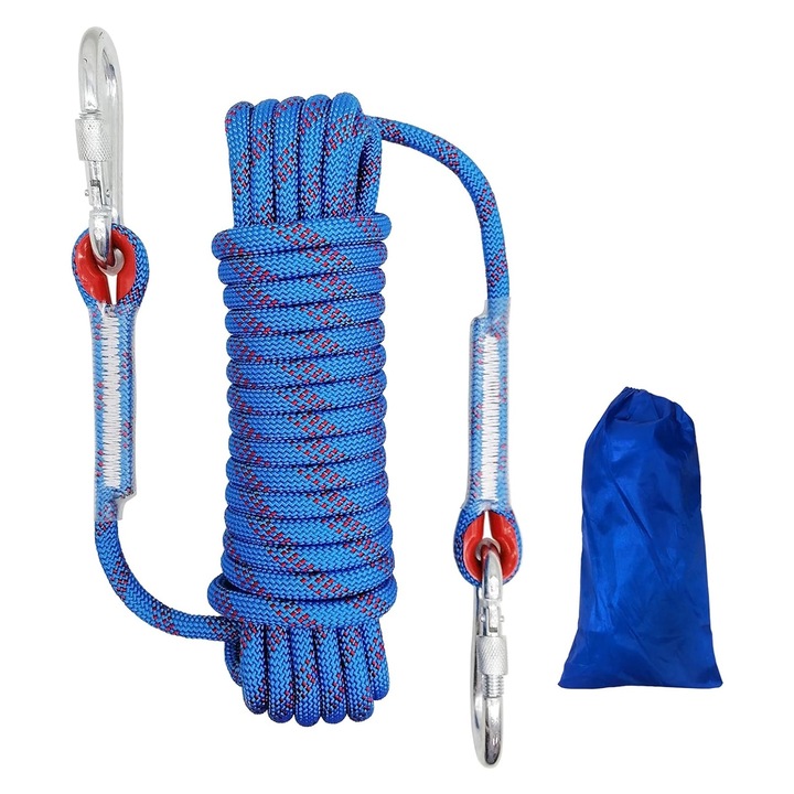 Mászókötél, SINBINTA, 2 karabinerrel és tárolótáskával, Mindkét vége szőtt, Átmérő 10 mm, Hossz 15 m, Maximális teherbírás 600 kg, Tűzoltáshoz, Fán való munka, Canyoning, Poliészter, Kék