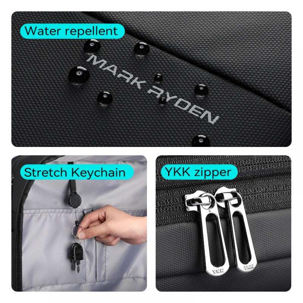 Rucsac, Mark Ryden, compatibil cu laptop 17.3 inch si tableta 11 inch, 30-45L, port USB, full impermeabil, sistem antifurt, unisex, spatios, multifunctional, negru