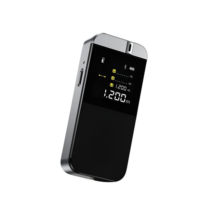 Digitális lézeres távolságmérő, TAITAVA IR40, 40M, Terület-, térfogatmérés, Pitagorasz, IPS kijelző, Automatikus forgatás, Gravitációs szenzor, Bluetooth, Okostelefonhoz csatlakozás, Újratölthető 400mAh, Type-C, Szürke
