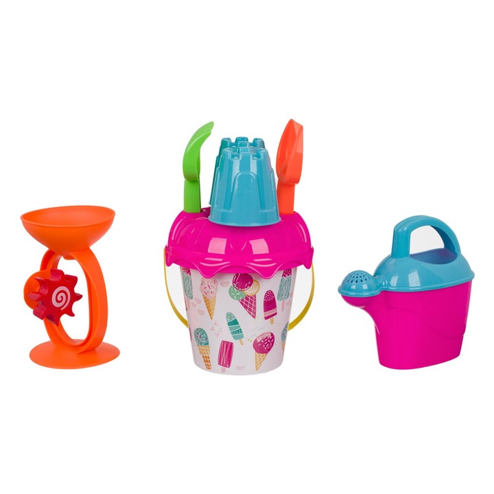 Set Galetusa Nisip cu Accesorii, Model Inghetata, 6 piese, Roz Crem, 23x15.5x30cm