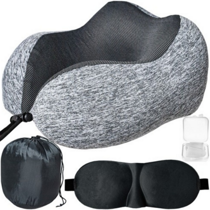 Set Perna de Calatorie pentru Gat TechGS, Masca de Fata, Dopuri de Urechi, Husa Transportare Voiaj, Model Compact, Confortabil, Gri
