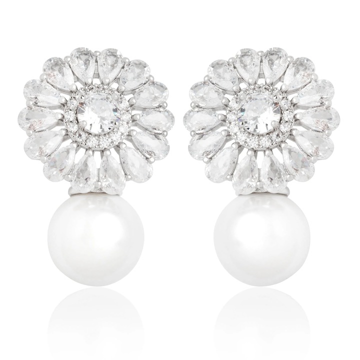 Cercei argintii, cu perla si pietre din zirconiu, Tiana C7, Pursehuit