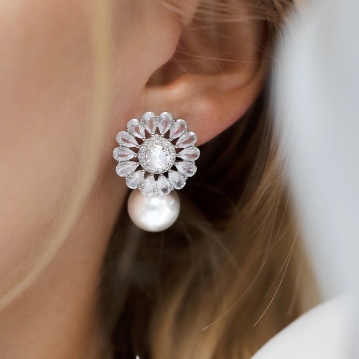 Cercei argintii, cu perla si pietre din zirconiu, Tiana C7, Pursehuit