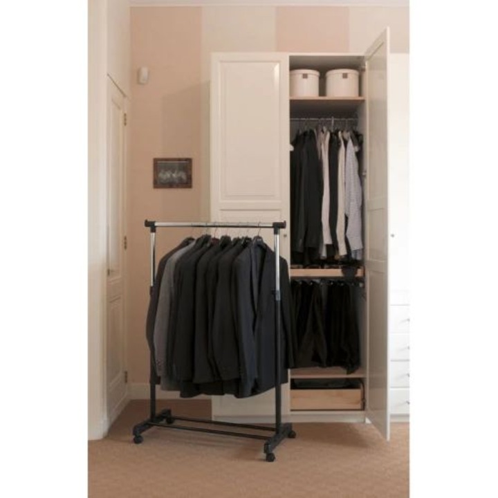 Suport de umerase mobil EKO, H 170 x 88 cm, stander pentru haine si incaltaminte, un raft inferior, inaltime ajustabila, ideal pentru depozitare, roti pentru transport facil, design practic si compact, negru