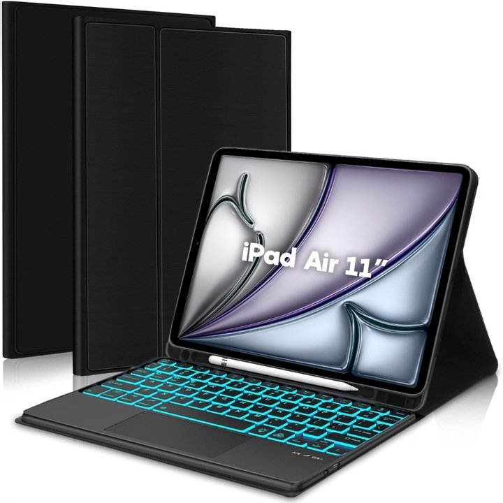 Világító és TouchPaddal ellátott billentyűzet tok Apple iPad Air 5/4 10.9", CASEY STUDIOS™ kompatibilis, RGB 7 színű világító billentyűzet, vezeték nélküli, Bluetooth 5.4, állítható szögek, USB-C port, Type-C kábel, Stylus toll tartó, fekete