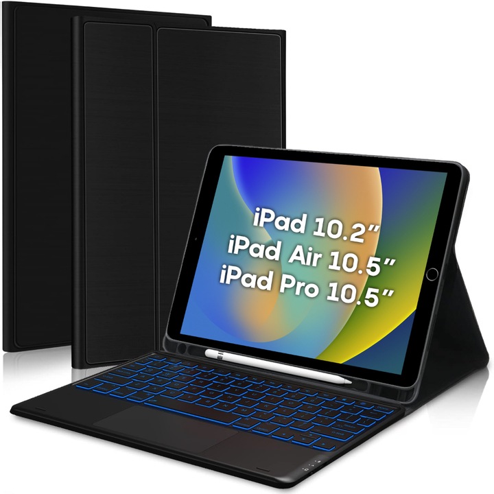 Casey Studios Tablet tok, Billentyűzet TouchPaddal, kompatibilis Apple iPad Pro/Air 3 10.5"/Apple iPad 10.2", RGB Világítású Billentyűzet 7 Színben, Vezeték nélküli, Bluetooth 5.4, Állítható Szögek, USB-C Port, Type-C Kábel, Stylus Toll Tartó, Fekete
