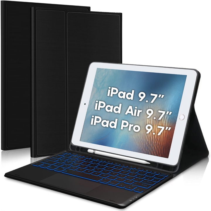 Casey Studios Apple iPad Pro 9.7"/Air 2/1 9.7" Tablet tok, háttérvilágítású billentyűzettel, érintőpaddal, 7 színű, vezeték nélküli, Bluetooth 5.4, fekete