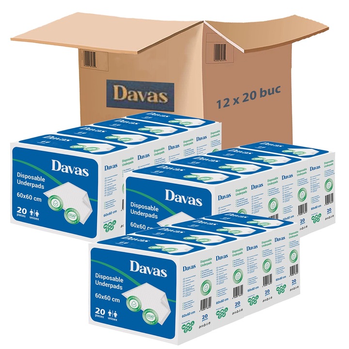 Абсорбиращ чаршаф Davas 60x60 см, 12x20 бр, с абсорбиращ полимер, 5 слоя, залепващи ъгли