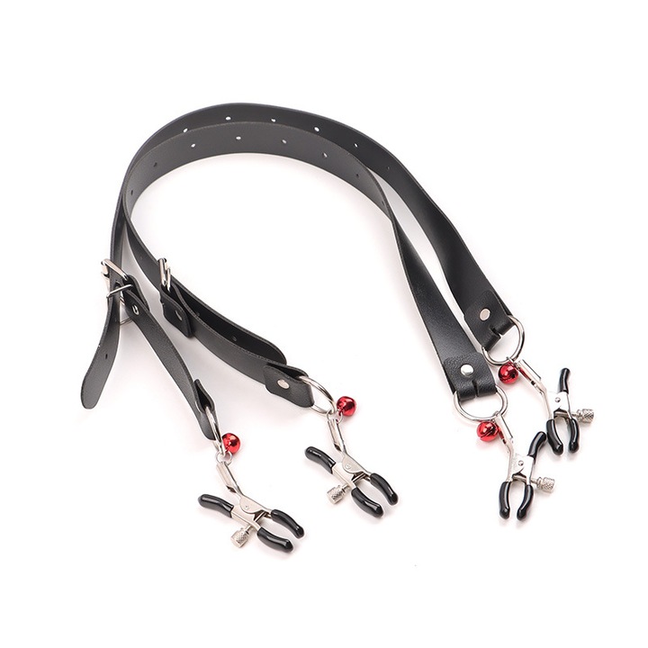 Set BDSM, Clipuri multifunctionale pentru stimulare, Piele si Metal, Negru cu Clopotel Rosu, 5.7cm