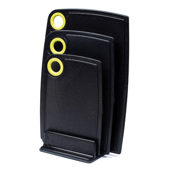 Set 3 tocatoare din plastic antiderapant S, M, L, cu suport, negru cosmos