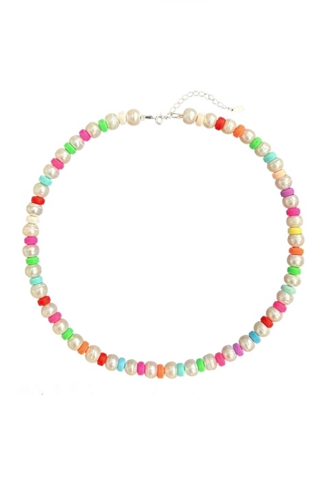 Colier la baza gatului din perle de cultura albe de 6-7 mm si margele colorate din rasina cu accesorii din Argint 925