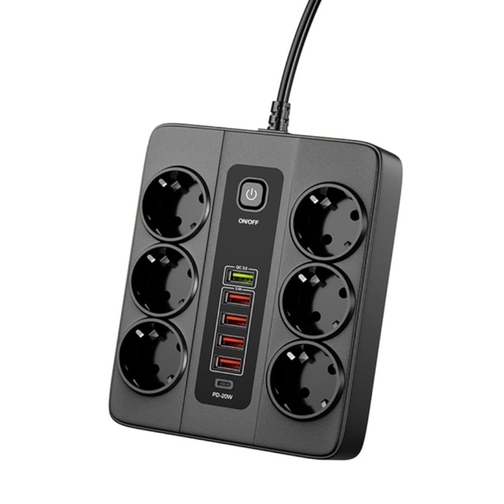 Удължител SurgeGuard VITAH, със защита от претоварване, дължина 2 метра, 6 X EU конектора, 5 X USB, 1 X USB-C, 3000 W, бутон ON/OFF, черен